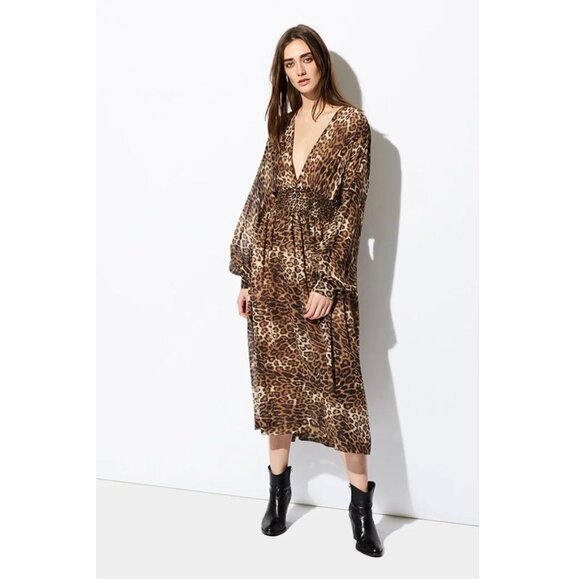 Nili Lotan Brienne Leopard Print Silk Chiffon Midi Dress - Size S - Picture 1 of 10